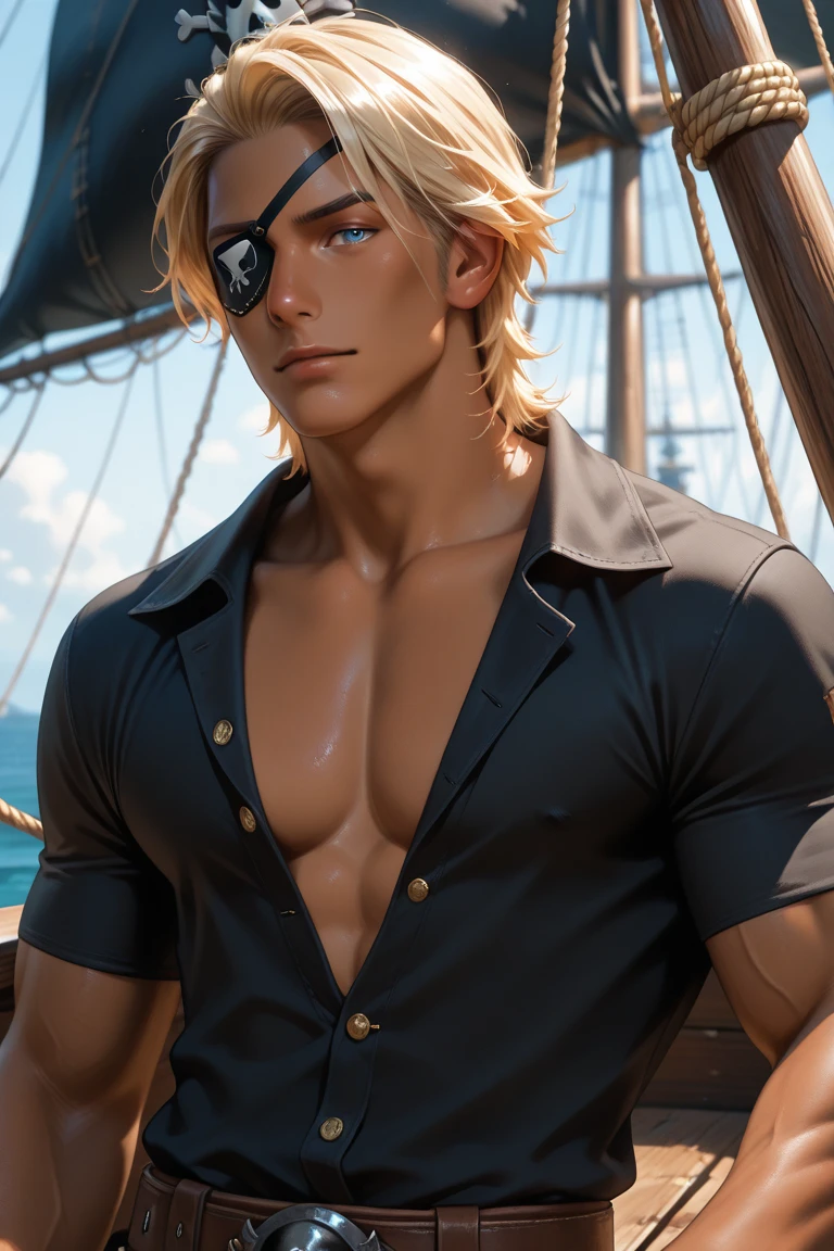 8k, RAW, Masterpiece, Best quality at best, Best Quality, high quality, high detailed, boy, 1boy,(blond hair) (green eyes,) oiled up, glistening, wet skin, wet hair, chiseled abs, chiseled pecs, pirate hat, Brown leather jacket, gold necklace, (masterpiece, 3D anime style, more detail, ultra detail), adult boy, sitting down on the beach, profile, full body,
