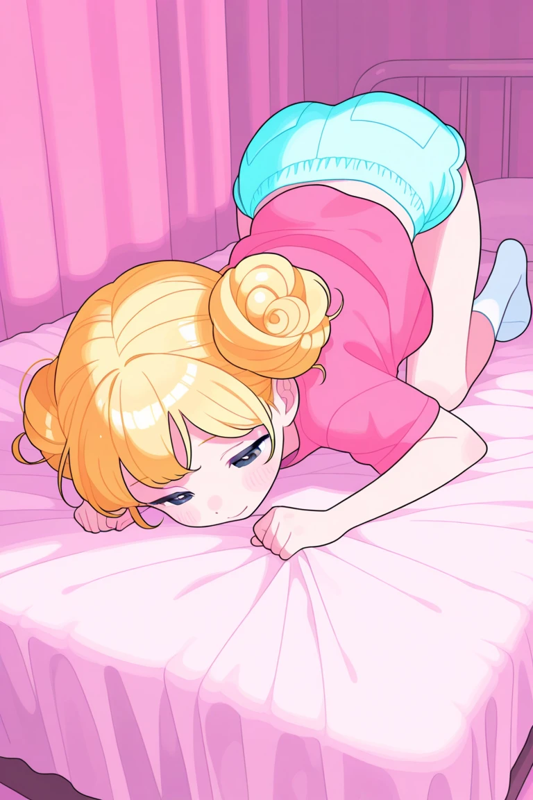 light yellow hair, loose, curly ends, blue eyes, teenage girl, white long sleeves, white miniskirt with pink elements, cute room with soft toys in the background. small breasts, thin waist
the girl is visible in full height, she sits with her knees pressed to her, her hands rest on her bare feet