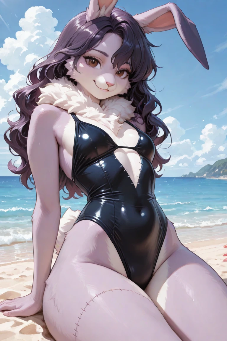 Noir (nod) big black bunny on the beach
