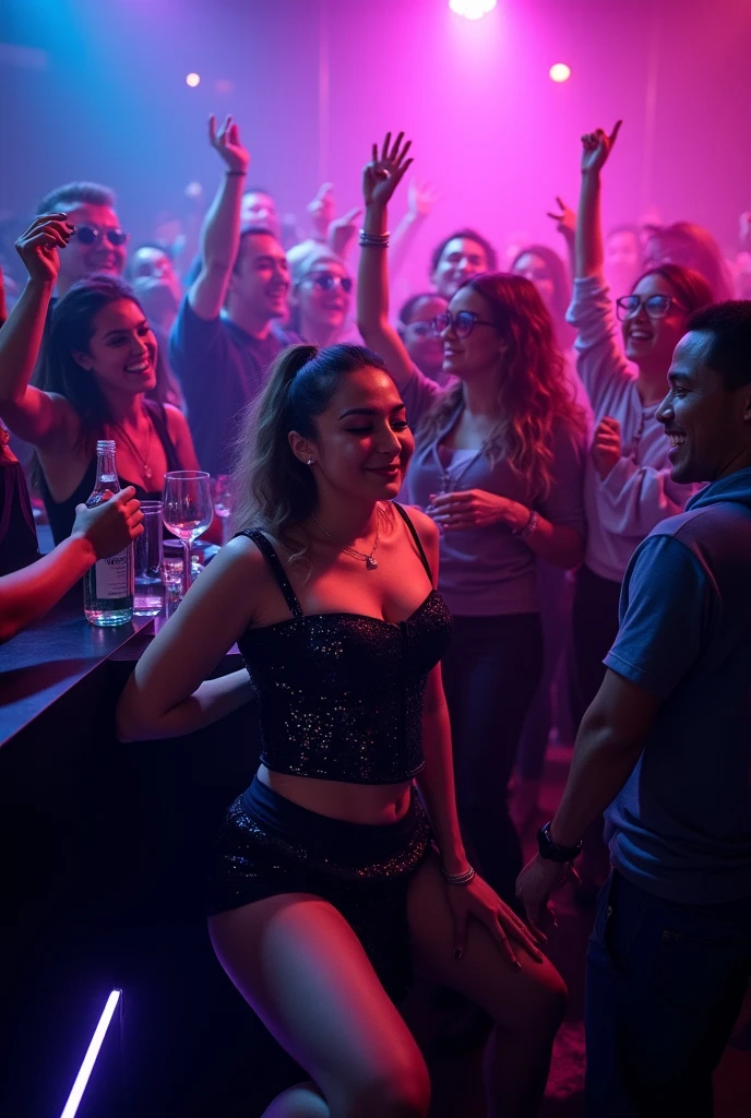 (Best quality, 8k, 32k, Masterpiece, UHD:1.2), "Transform the scene into the interior of a bustling nightclub in Tokyo, Japan, filled with vibrant energy and a crowded atmosphere. The space is packed with people dancing and socializing, creating a lively and dynamic environment.
Neon lights of various colors illuminate the room, casting dramatic and vibrant hues across the crowd. The lighting creates an electrifying ambiance, with beams of light cutting through the darkness and reflecting off shiny surfaces.
The club's interior features sleek, modern design elements with metallic accents, glass, and mirrored walls. The dance floor is spacious, with a DJ booth at the center, surrounded by state-of-the-art sound equipment and large speakers pumping out energetic music.
The bar area is stylishly designed, with a wide array of colorful bottles and cocktails on display, attended by skilled bartenders mixing drinks with flair. High tables and plush seating areas provide spots for guests to relax and enjoy the atmosphere.
Overall, the nightclub exudes a sense of excitement and modernity, perfectly capturing the vibrant nightlife of Tokyo."