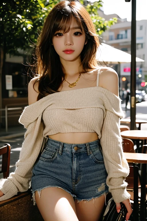 草原でOff-the-shoulder knitを着た非常にかわいい1人の少女の全身，Esbian all over，Perfect proportions，Perfect Body，masterpiece，Photorealistic，Super detailed，Ultra-high resolution，8k，RAW Photos，Highest quality，Off-the-shoulder knit，Large Breasts，Small waist，Long legs，Chest to chest，胸とChest to chest，Cleavage，Loose knitted sweater，Light knitwear，Exposed shoulders、Bare shoulders，Detailed eyes，double eyelid，Long eyelashes，View your viewers，超 A hight resolution ，dynamic，short hair，Short Bob Hair，unkempt disheveled hair，Hair blowing in the wind，Earrings，Natural Lip，