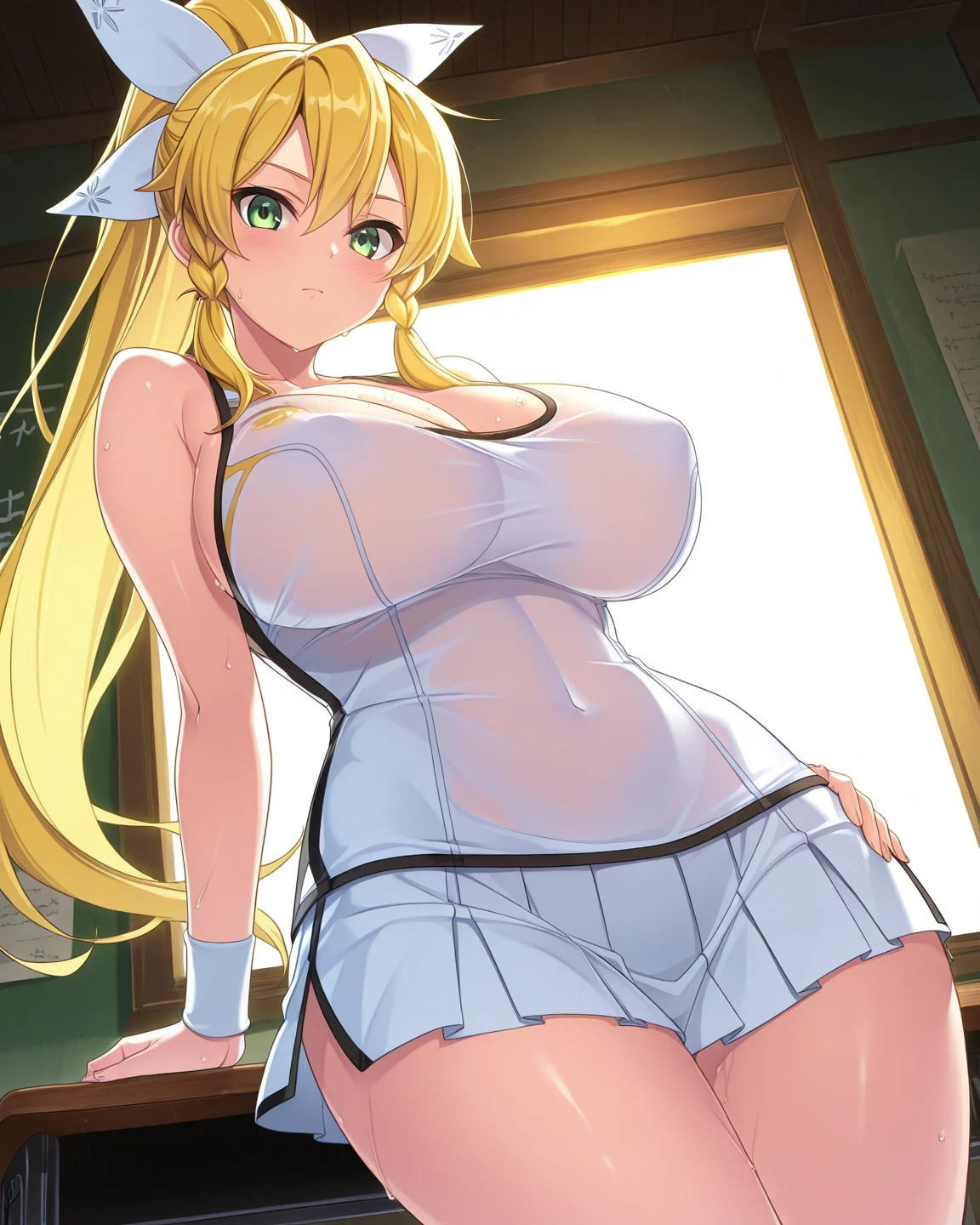 (1girl:1.3), Masterpiece, Best quality, amazing beauty, 4K, absurdres, finely detail, super detailed eye, perfect anatomy, official art, cinematic lighting, BREAK, cherry blossoms, silky ponytail, blonde, super shiny detailed black eye, cute eyes, close-mouth, Joyful, BREAK , big breasts, short stature, medium, pale skin, gloss skin, singing, full body, from front, BREAK , (school uniform:1.2), (Cleavage is visible:1.2), BREAK,()