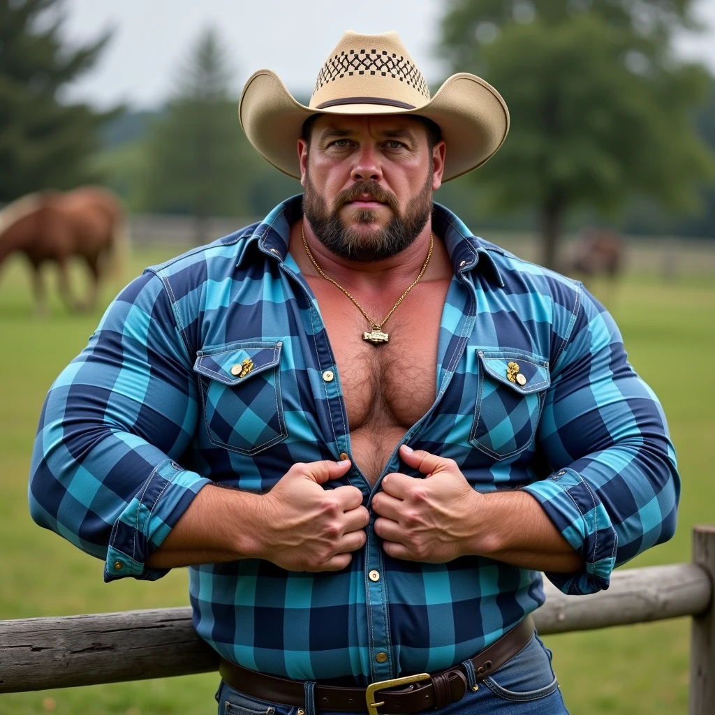muscular, hairy ginger rodeo cowboy flexing naked. ((Excessive body hair)) ((Huge erect penis)) ((gigantic balls)) ((Oversized penis)) ((hairy chest)) ((muscular)) ((Dad bod)) ((Porn)) ((chaps)) ((horseshoe moustache)) ((cowboy hat)) ((outdoor rodeo arena background)) ((wearing chaps))