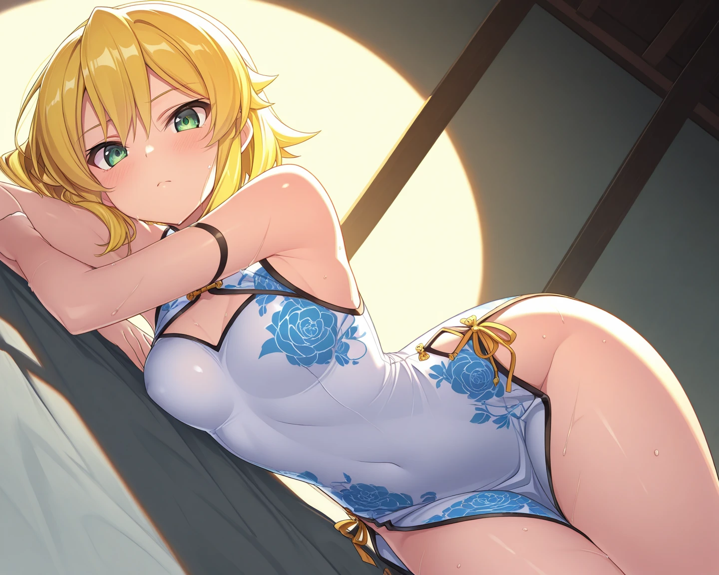 (highest quality, High resolution, perfect pixel, Depth of bounds written, 4K), bed, (from behind), cowboy shot, detailed eyes, (1 lady), tall, (skinny body:1.2), (thin thighs:1.2), (Narrow hips:1.2), large breasts, blond hair, (ponytail:1.2), (yellow:1.2), (cross halter bikini:1.2), (panty strap:1.2), (lying prone:1.2), (Arching the back:1.2), (stick out butt:1.4), (surprised:1.4), one eye closed, blush, open mouth, (sweat), 