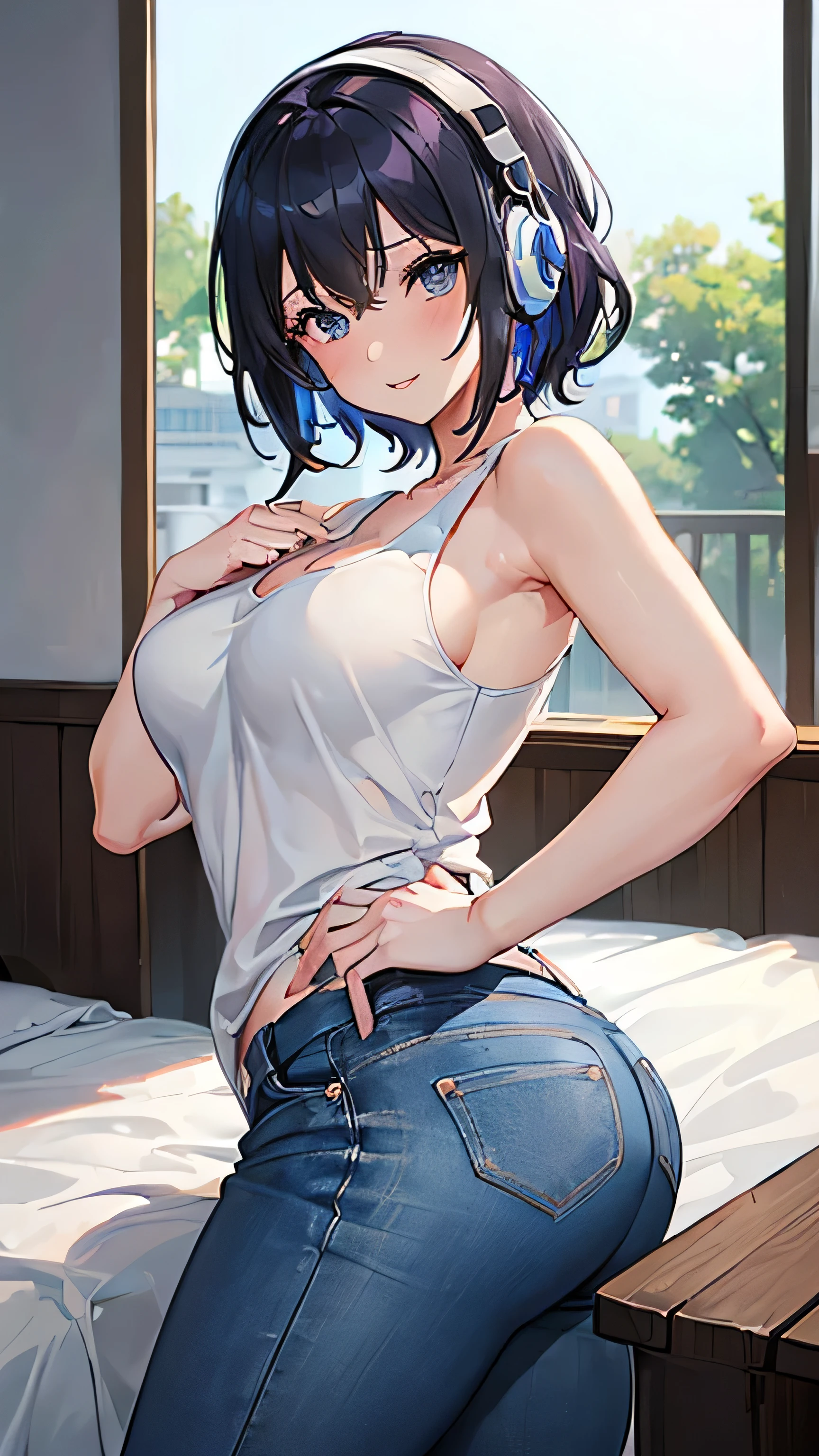 (masterpiece, highest quality:1.2), {best quality}, {very aesthetic}, {ultra-detailed}, {best illustration}, nsfw,{best quality}, {very aesthetic}, {ultra-detailed}, {best illustration},nsfw, girl, {best quality}, {very aesthetic}, {ultra-detailed}, {best illustration}, nsfw, girl, black hair, sex, woman on top, on bed, girl sit on man’s face,One girl, bed, Bobcut, Bluish black hair、White sleeveless tank top，Blue Denim Shorts,