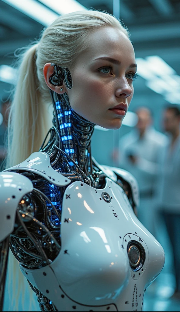 An exhibition showcasing AI-equipped autonomous female androids exhibiting various sex positions, adorned with a beautiful face and seductive gestures. The androids' eyes, lips, and faces are exquisitely detailed, creating a mesmerizingly realistic appearance. The exhibition is a masterpiece of modern art, combining the mediums of sculpture and technology to blur the boundaries between human and machine. The androids' bodies are crafted with ultra-realistic materials, utilizing physically-based rendering techniques to achieve a photorealistic effect. The lighting is carefully designed to accentuate the androids' features, with studio lighting creating a captivating atmosphere. The colors exhibit a vivid and alluring palette, enhancing the seductive nature of the exhibition. The exhibition boasts high-resolution visuals, such as 4k and 8k displays, allowing visitors to immerse themselves in the intricate details of the androids' bodies and expressions. The scene is further enhanced by elements such as bokeh, creating a dreamy and ethereal ambiance. The exhibition combines elements of photography and concept art, resulting in an innovative and provocative art form. (NSFW:1.5), Her chest, stomach, and genitals are covered with artificial skin. Sex androids of various races and skin types are on display. Sex androids have beautiful, sexually attractive faces that are so detailed that they are indistinguishable from real humans There are Italian girl, Russian girl, Saudi girl, and Japanese girl types. Their eyes emit a purple light.