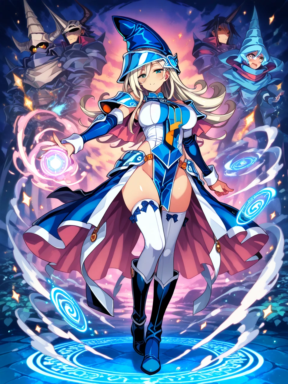 Gently floating black magician, magical aura, fantastic background, bright runes as if summoned, spectacular composition, (complex high detail), ultra-detail:1.2), Art Station, (masterpiece, highest quality HD), 32K, Octane rendering, bioluminescence, 8K concept art resolution, realism, made by Mappa studio, masterpiece, highest quality, official art, illustration, clear lines, (Fresco_Color), perfect composition, absurd, fantasy, (below is a map from Yu-gio), figure, no underwear except for ultra-thin V front micro plunge., ((only ultra-thin V front micro plunge)), ((only black ultra-thin V front micro plunge)), medium breasts, ((detailed fingers))