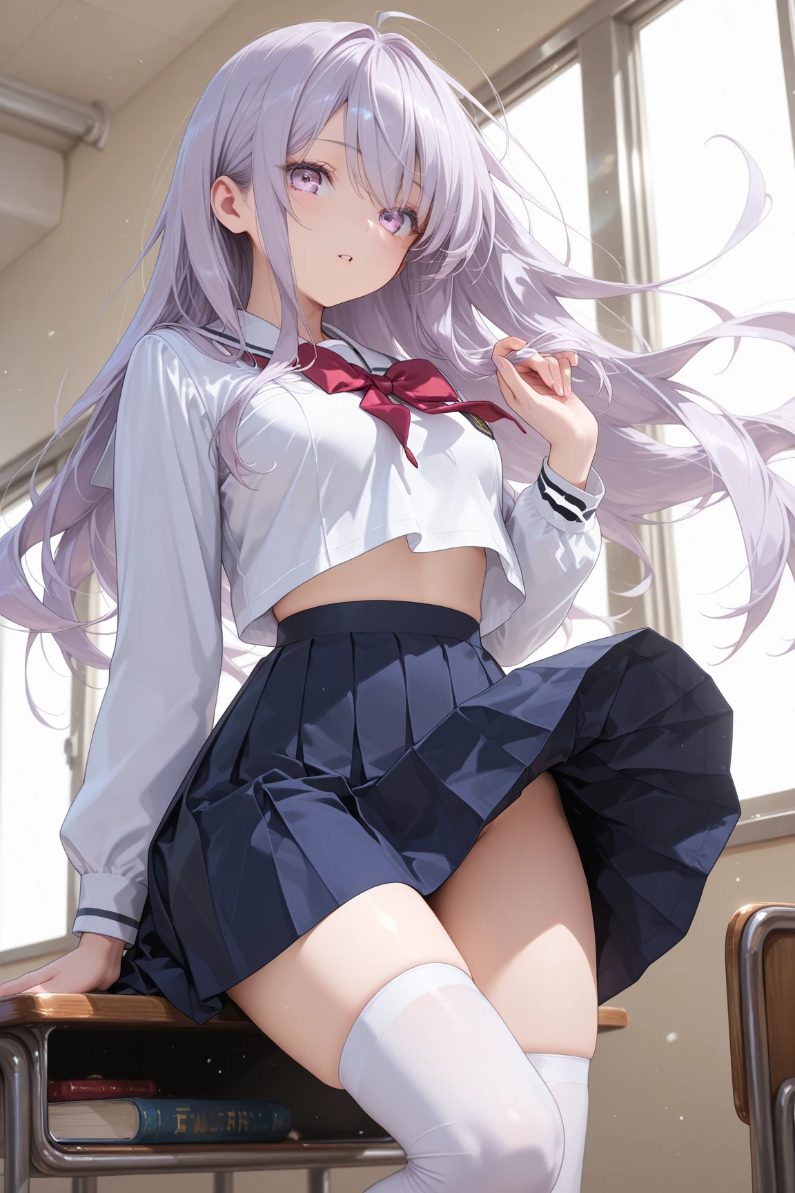 Anime girl in short skirt and jacket posing in a tunnel. Viewer discretion advised., (One Girl),Tabletop, Highest quality, High resolution, masterpiece、 Cowboy Shot、School courtyard、The background is blue sky、((Shooting from below:2、Under the skirt:2))、(Positive:1.5)、Girl standing with legs apart、Standing with your legs apart、Contemptuous Eyes、(((Hands on hips:1.5))、anger、Shooting from the floor、BREAK astride the cameraman ((blue eyes、Golden Hair)),,(Semi-long hair)、 (high school girl:1.1), (One Girl, solo:1.5), (One Girl、18-year-old、Mature、Huge boobs:1.5、超detailedな目:1.2)、(Big ample breasts:1.1), High School Uniform、Red checkered pleated skirt、Hip Skirt、white sailor suit with red collar、Red ribbon、 Long sleeve, ,(((Black knee-high socks)))、 (Highest quality、超detailedな、非常にdetailedで美しい、超High resolution、detailedな腕:1.2),、(Beautifully drawn eyes in every detail、Look at the details、Highest quality、detailed、High resolutionのイラスト),