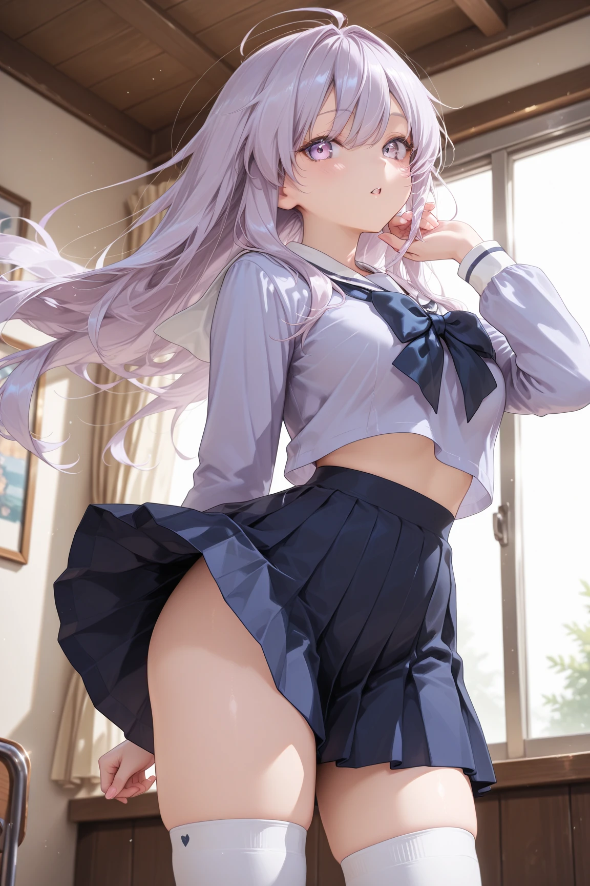 4K realistic，15 year old girl，Long lavender hair，Lilac JK skirt ，The white shirt is soaked，Purple lace panties appear，White suspender stockings，wide blue eyes，The panties were blown up by the wind