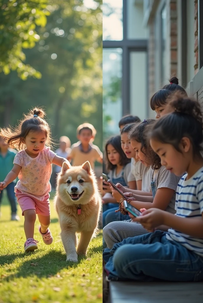 Children playing in a beautiful garden where dogs,birds and other animals are also playing with happily in cartoons 