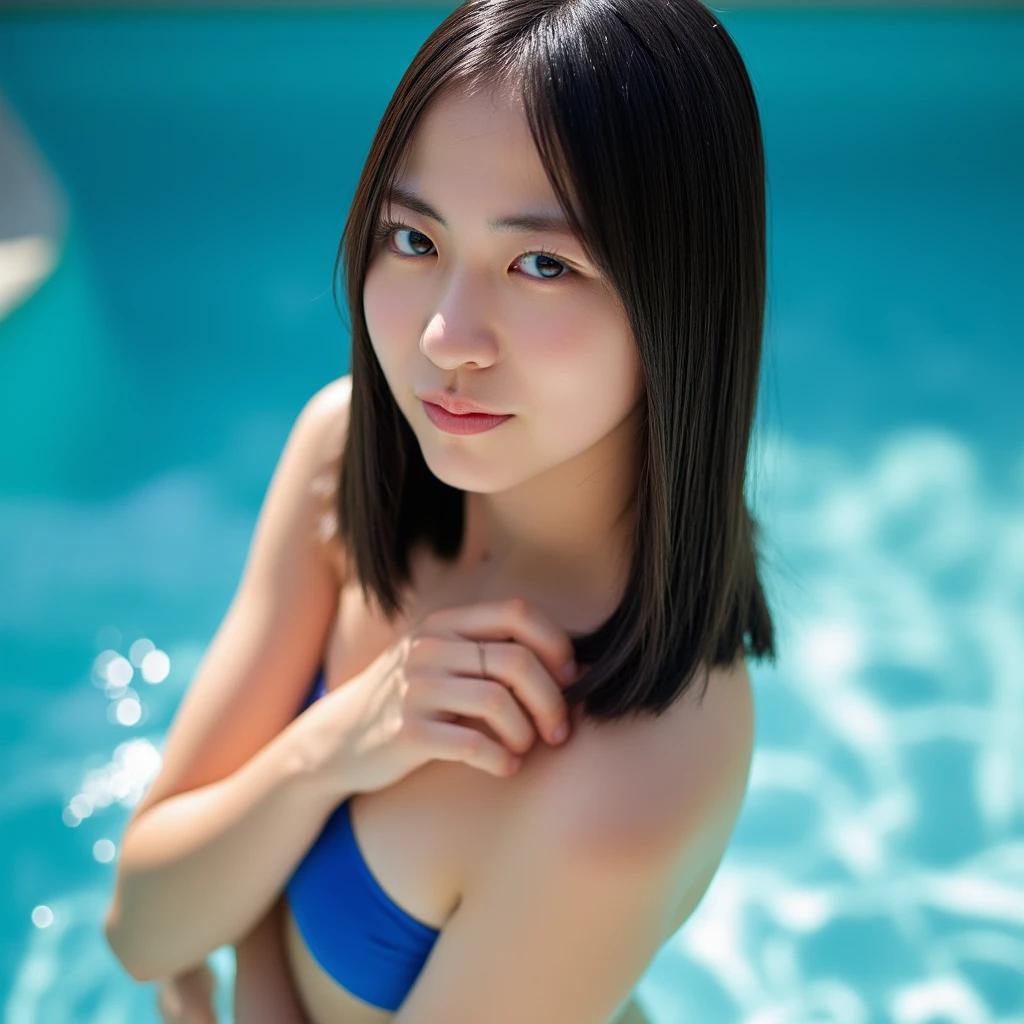 masterpiece, best quality, ultra-detailed, kawaii, cute, lovely, upper body, pool, 2girls, 2 cute girls, robe, beautiful hair, beautiful brown eyes, beautiful eyes, white-skinned, flat breast, tiny breast, necklace, smile, ashamed, ahegao, shiny-glistening, gleaming, lotion, wetted by water, cute smile, ((マイクロビキニ:1.1))、へそが見える、立っている、腰から上の写真、Tフロントのパンティ、
