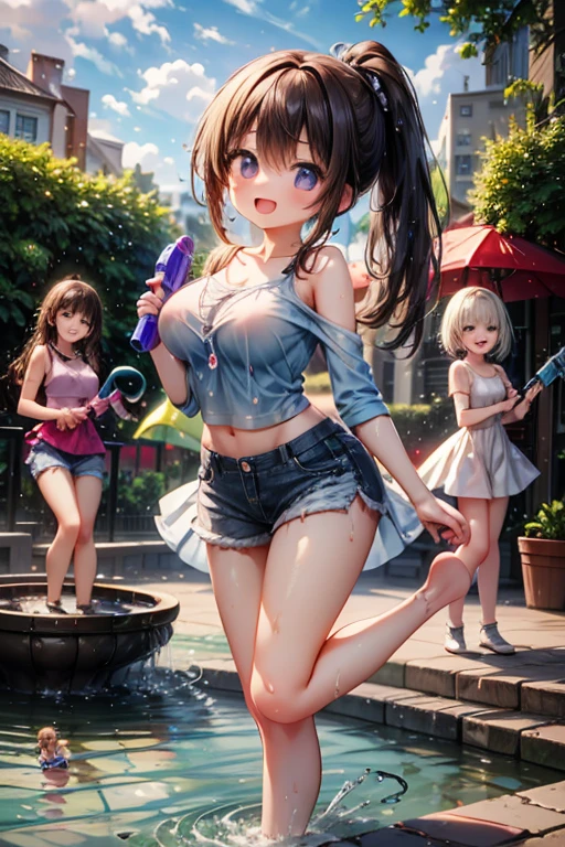 realistically, 2 girls, longhair, brown eyes, glowing eyes, white short skirt, Blush, daytime, Wet from the rain, see through, Strapless shirt, nipples, squatting, pussy, 16 years old, armpit, crotch, pee,