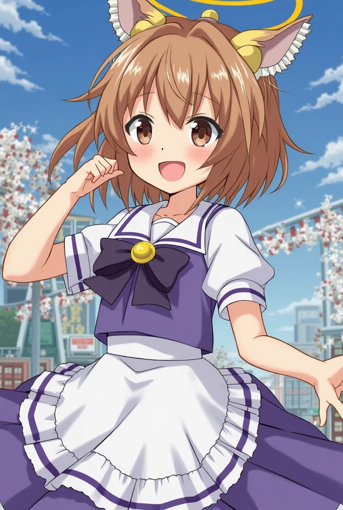 (high quality), (Masterpiece), (Very detailed), girl, (very small bust), short brown hair, purple eyes, shy face, (loli de primary), showing her thighs, in the school yard, sunny, camera angle from below, adorable eyes, (primary school uniform) NSFW 