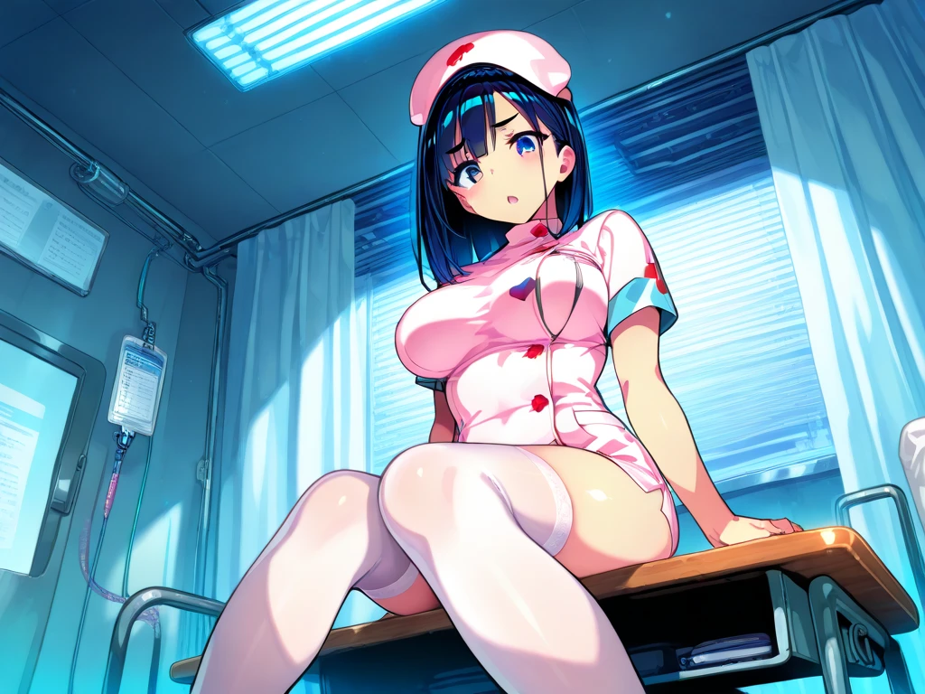 Highest quality, masterpiece, Ultra-high resolution, Cute urinal sex slave、Dark purple hair、Ahoge、Shiny skin、Bouncy, out-of-the-ordinary huge breasts、nurse、Thighs、Young teens、Health Room、Chest、blush、Sweat、Spread your legs、、Erotic、No underwear、Vaginal Hole Gupa、Thick penis insertion、「1boy」、Straddle、Having sex、Love juice、smile、Flowing Tears、White Breath、Big cock、Drooling、Creampie、Angle from below、Suit Emphasis、nsfw、Huge load of creamy cum、Creamy semen gushing out of the vagina、During pregnancy、A bed dripping with creamy semen、Ecstasy face