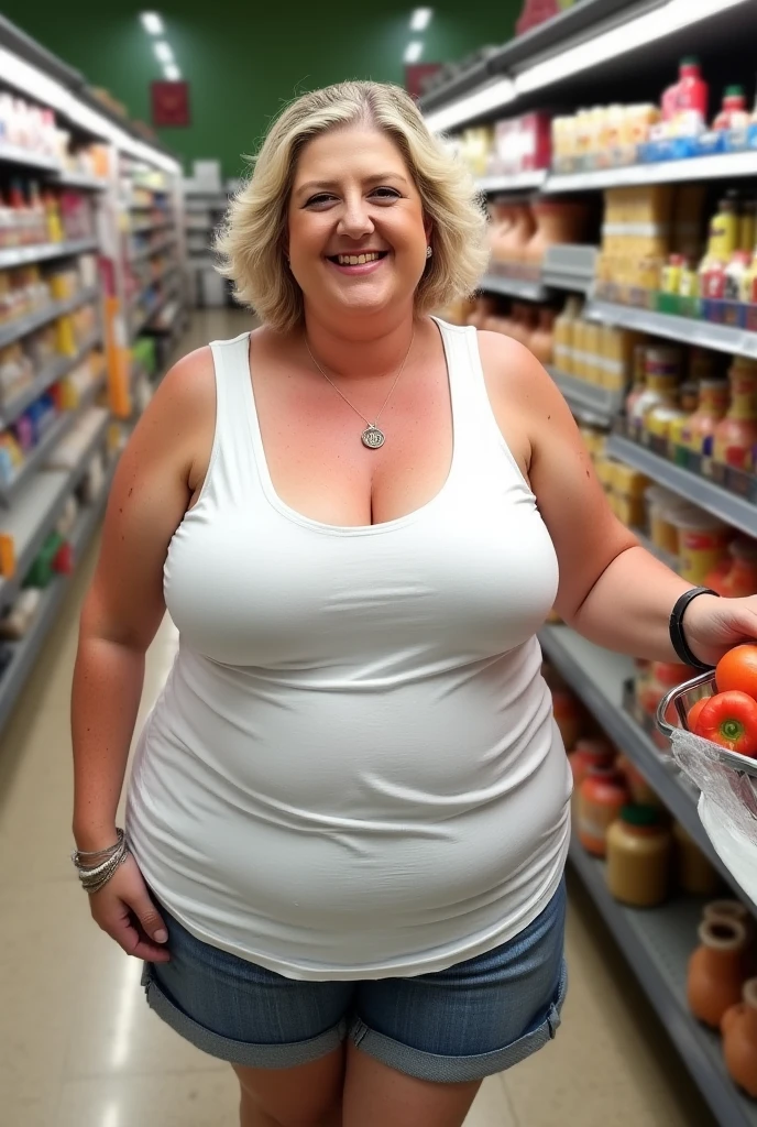 Fat woman, 40 years old white Caucasian woman, busty cleavage, walking inside a shop, MILF, long straight blonde hair, serious, chubby, bbw, casual, chest soaked wet 