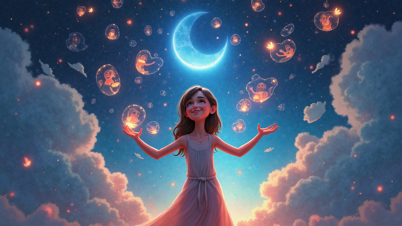 A girl with a blue lamp nail standing on the beach at night without her face being seen animated as a cartoon

