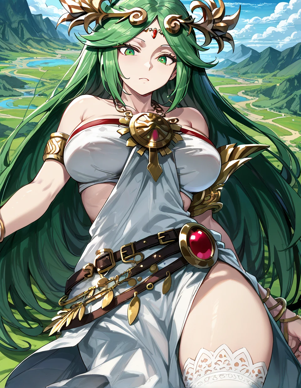 green hair, white dress, green eyes, gigantic breasts, cleavage, ultra-detailed(best quality,highres:1.2), ultra-detailed eyes, smiling