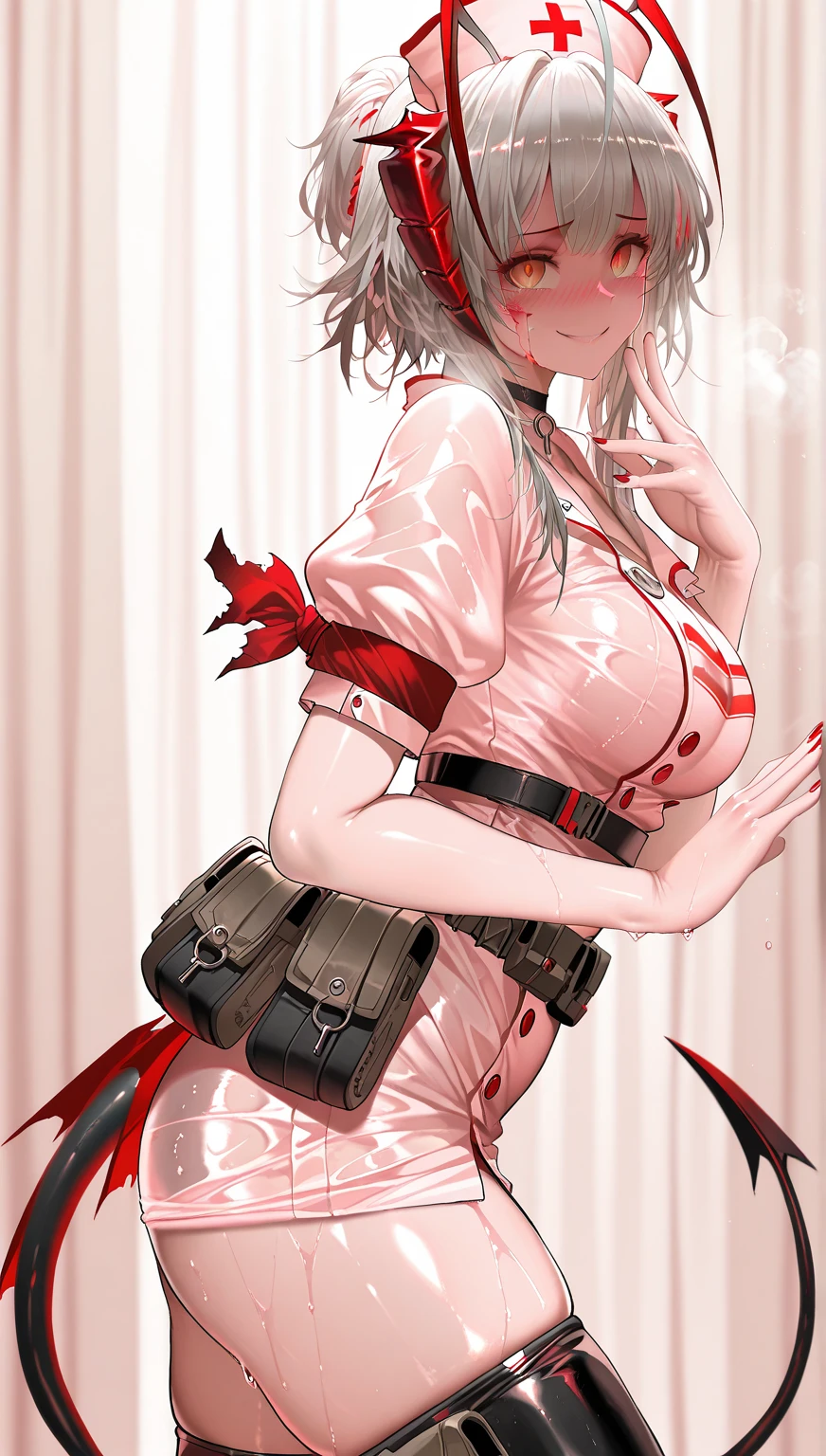 ((Highest quality)), ((masterpiece)), (Familiar), Hazy, Female,Mature Woman,Purple Hair, short hair, Low Ponytail, eye shadow, lipstick, Red eyes,Red suit shirt,Large Breasts,Erect nipples,I can see her cleavage,Red and black jacket, White tight skirt,Red Heels