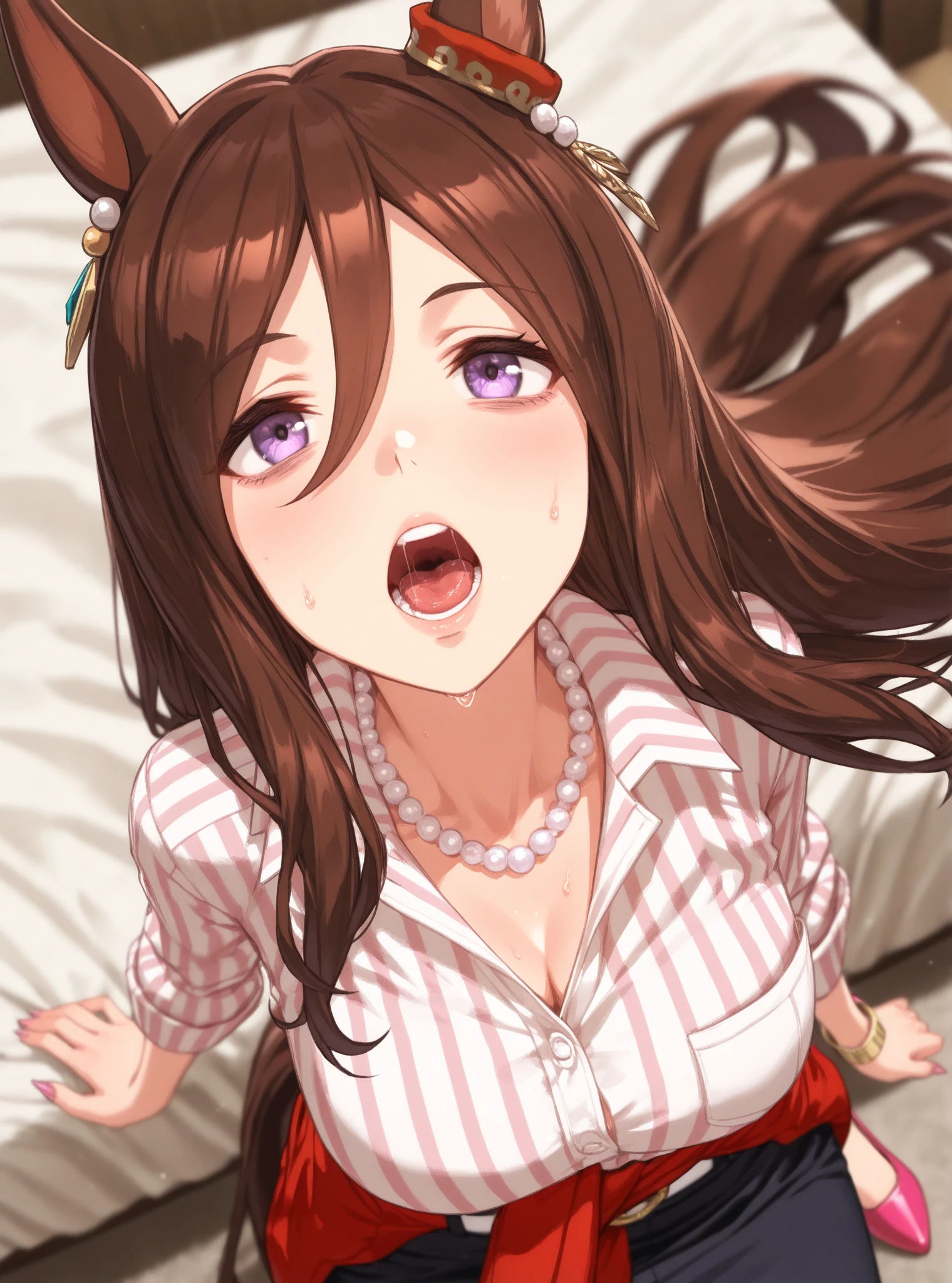 1girl, ryuujou (kancolle), solo, brown hair, twintails, brown eyes, visor cap, magatama, open mouth, aircraft, smile, airplane, white background, japanese clothes, simple background, kariginu, upper body, long hair