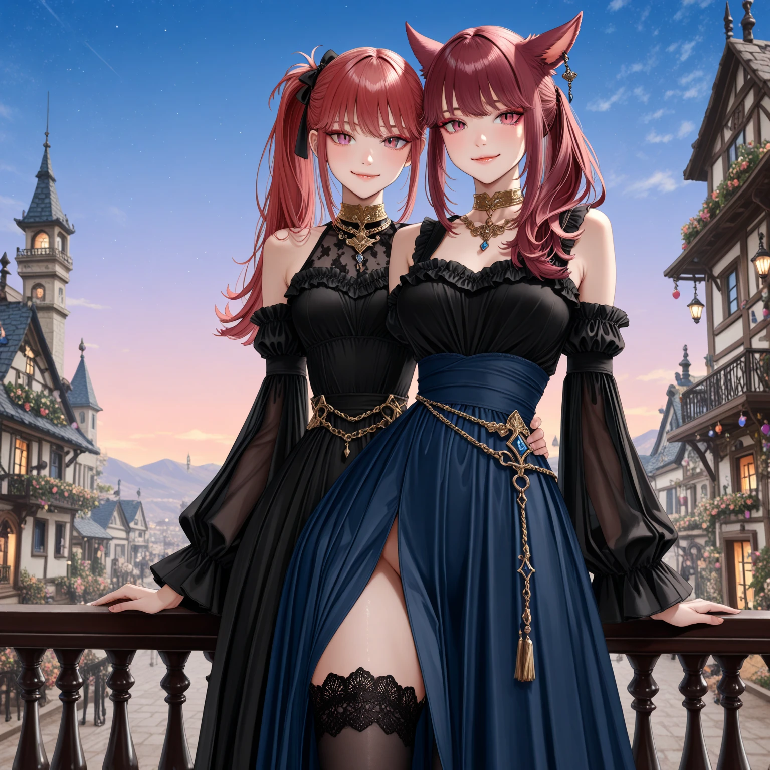 anime girl with red hair and horns in front of a tree, garota anime demon, beautiful together, together, together in tight short dress, Rias Gremory, Lilith, together | Mediovale, garota demon, anime monster girl, mika kurai demon, Dragon girl, demon, together in sundress portrait, seductive anime girl, Coloque cabelo comprido nas duas. Golden Hour. lighting with the image component with purple and blue tones