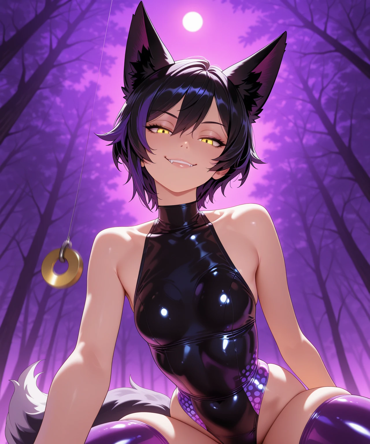 (((8K))), black anthropomorphic cat, purple eyes, glowing purple markings, purple aura, flat chested