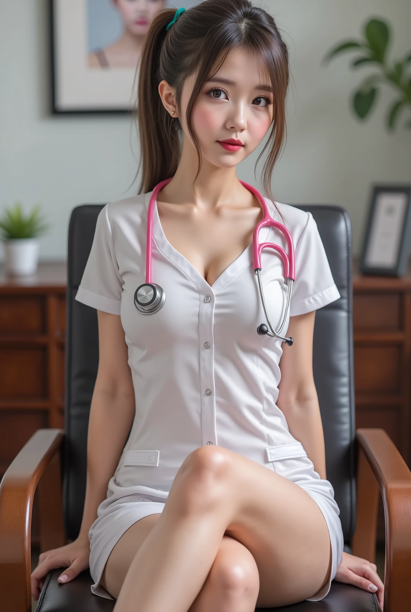 Blonde、blue eyes、Photorealistic beautiful doctor、stunningly beautiful、nurse、(top-quality、8K、32k、masterpiece、nffsw:1.3)、超A high resolution,(Photorealsitic:1.4),Raw photography, Detailed face,,Beautiful Long hair, ((Doctor Style)), , tight skirts、 Natural makeup, Breast cleavage, Medium full breasts、sexy masquerade mask, Detailed background, Perfect Lighting, depth of fields, nurse hat,stethoscope , (((fullbody))), whole body capture, fullbody, Legs wide open, open legs, Eyes on camera, details eyes, beautiful eyes, on all fours doggy style getting penetrated