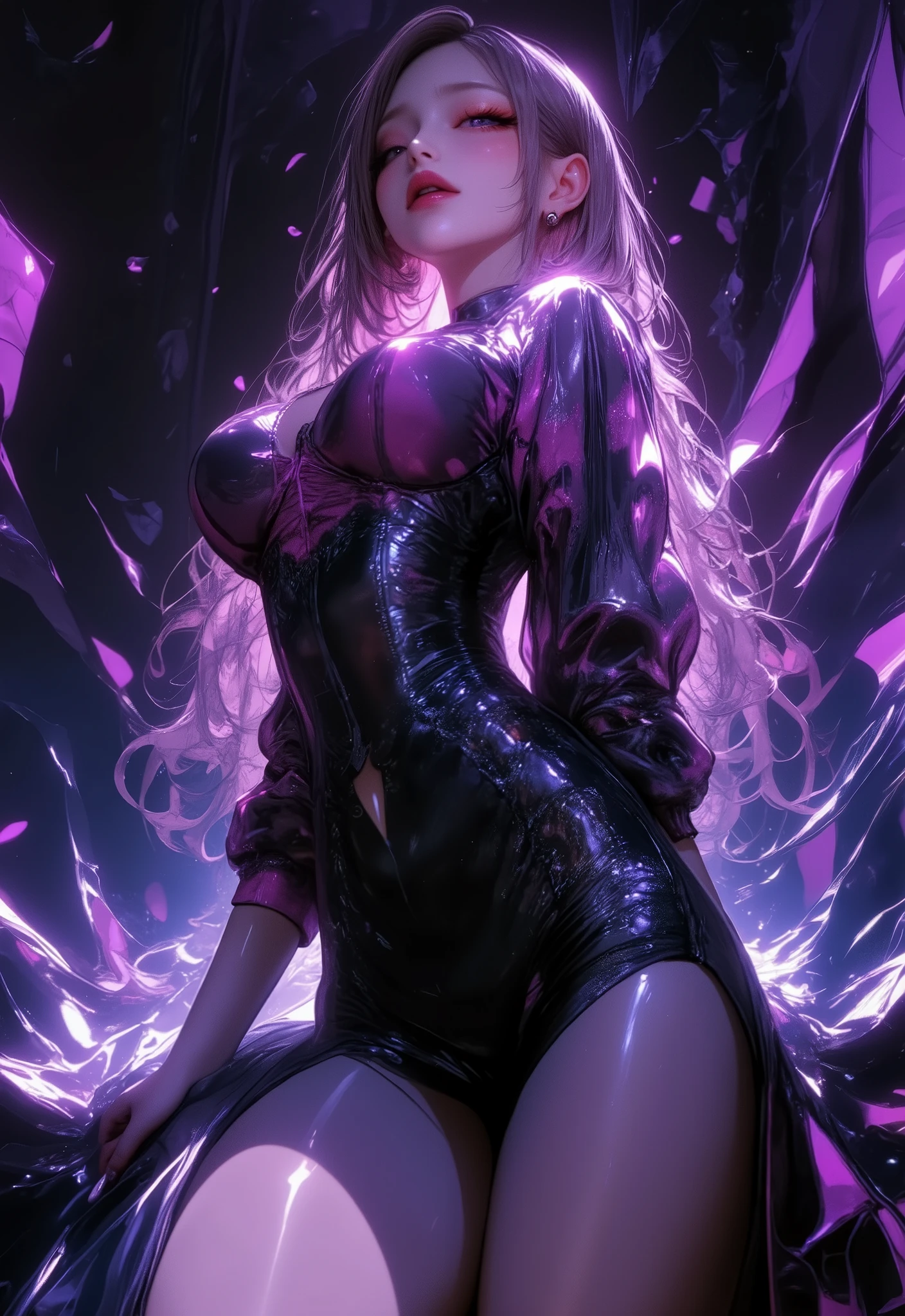 "Summon the cosmic enchantress with mesmerizing beauty, radiating vibrant energy. She embodies the essence of space and time, adorned with mesmerizing blue and pink heterochromatic eyes and flowing locks of blue and pink hair. Surrounded by ethereal pink flames, she wields the power of space and time magic, casting spells that bend the very fabric of the universe, magic cube floating above hand, adult,( sexy black lace bra and panties,) a butterfly hair pin tie to hair, reflection of light, high resolution,unreal engine 5, full body view, dragon girl, scale covering body,energy, unknown horror,magic surrounding, magic surrounding, book pages, flying all over the sky, knowing what it is, predicting the future, understanding the past , Infinite Wisdom,Warlock, Pentagram, Mantra, Mantra,HDR,UHD,8K, best quality, masterpiece, Highly detailed, extreme detail description, Professional, lens flare, moody lighting, Volumetric Lighting, ribbon, tiara, stockings