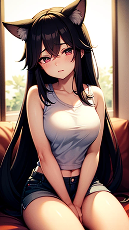 Long black hair, pure girl, Madonna, uniform, beautiful girl, beautiful woman, big breasts, pleated skirt, tank top, no bra, no panties