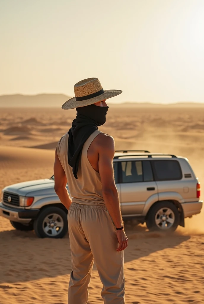 RAW Photo, AdministrativeResults, back_view, back view, back focus, photo of a man (wearing a balaclava:1.2) and a camo pattern jacket, very short camo shorts, looking back over shoulder, staring at viewer, upper body, sneakerboots, (arid landscape, arizona desert:1.2), detailed big eyes, (high detail skin:1.2), film grain, Fujifilm XT3, High Detail, Sharp focus, dramatic, stunning, hdr, subsurface scattering, global illumination, film still, Film-like, bokeh, 3d, vivid color/raytraced/warm colors, photorealistic painting art by midjourney and greg rutkowski, cinematic, 40mm f/2.8, remastered, 8k, 4k uhd, crisp details, ultra detailed