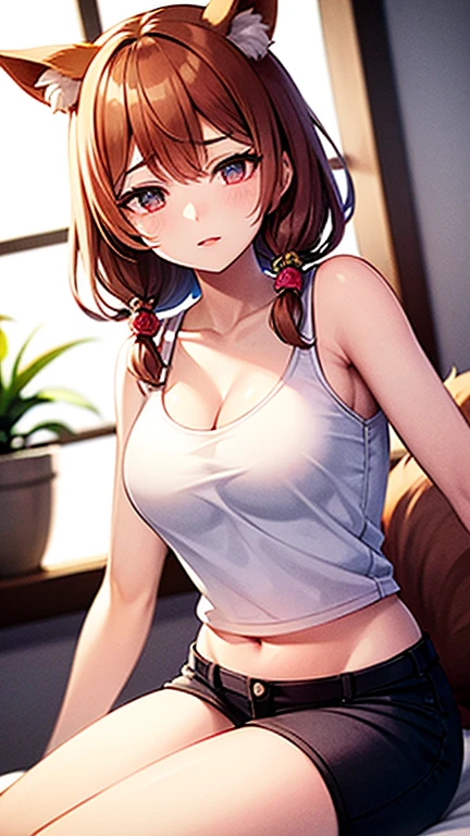 A Female robot is sleeping in bedroom, spread legs, nude, banzai pose. she wears no dress. She Brown short hair is tied with two big red clothespins, She lifts up the under hem of her white plain dress, leaning over, masterpiece, very short pigtails,brown hair, mature, android, blue eyes, full body figure, Height: 160cm, flushed cheeks, 2020s anime picture, A beautiful robot with short brown hair in two short pigtails held up by two very large huge red clothespins, Uplifting, No NSFW, whole body, barefoot, archaic smile, getting orgasm, 25 years old, sweat bucket. 