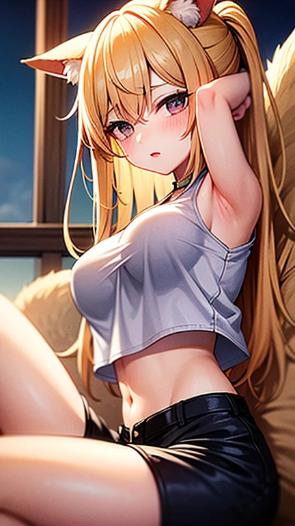 1girl, solo, breasts, smile, side ponytail, outdoors, arms behind back, <lora:bandeau2:0.7>, bandeau, miniskirt, open vest, pleated skirt, belt, cleavage, midriff, navel, beltbra, underboob,