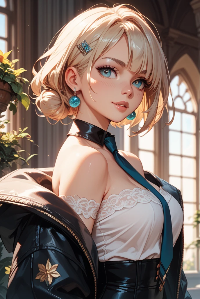 1girl, blonde hair, short hair, green eyes, large breasts, mouth open, hands behind back, indoors, bedroom, cleavage, pleated skirt, mini skirt, kneeling, on knees, (best quality,4k,8k,highres,masterpiece:1.2),ultra-detailed,portrait,high-quality,soft lighting,warm colors,detailed facial features,beautiful detailed eyes,beautiful detailed lips,extremely detailed eyes and face,long eyelashes