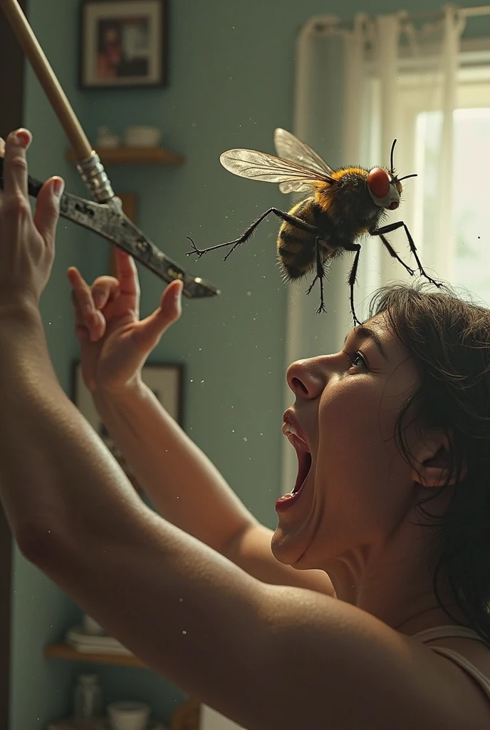 A fly killing a human with a fly swatter