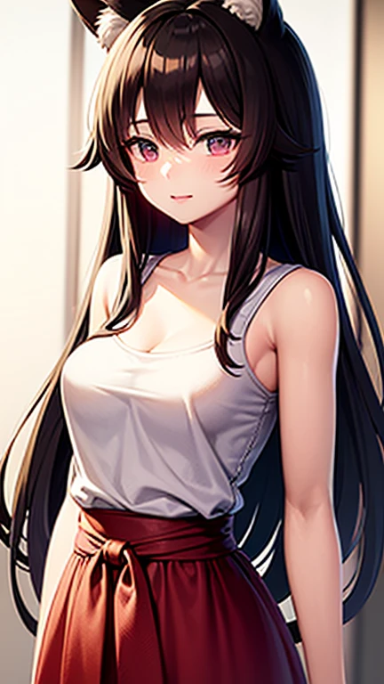 anime panel, upper body , 1girl,woman, Korean, long black curly hair with red highlights, red, slanted eyes, casual clothes, black tank top, ear piercing, necklace, hair illuminated by sunlight, park background, smiling embarrassed, blushing, hands behind the body