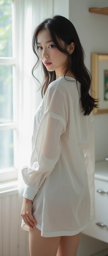 High-ranking women、grinning expression、wearing a white shirt、studio photography、inside the house、one woman、white button shirt、大きなwhite button shirt、various poses、gravure、Only sexy panties underneath、shot from behind、long shirt with big buttons
