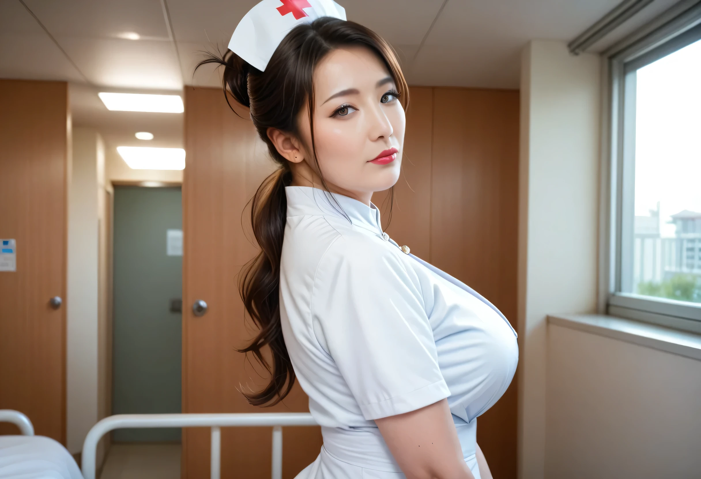 A beautiful woman uses a sexy nurse cosplay outfit, 30 years old, Japanese, with long hair.