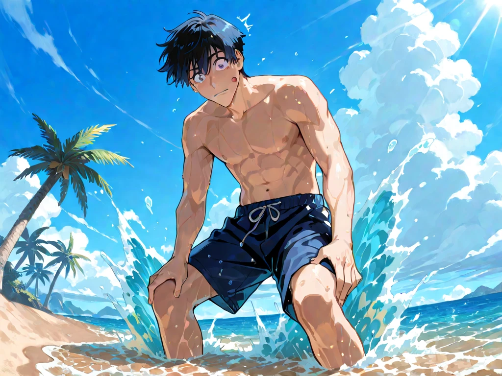 Handsome Japanese male models Short cut Slim figure barefoot smile looking at the camera soaked Ocean Bright blue tight-fitting spats-type swimwear sit Topless