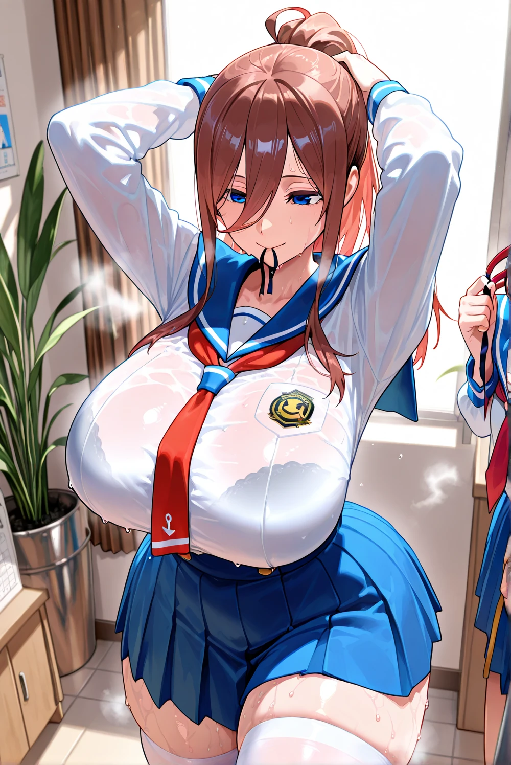 masterpiece,, alone, Yuuki as a costume, ((masterpiece)), High resolution, 、 Bright orange hair, masterpiece、high quality、High resolution、High resolution、Portraiture、girl、beautiful girl、Very large breasts、Tight waist、Japanese、Beautiful Face、detailed explanation、、(See-through clothing、Handjob、)、Kneel、