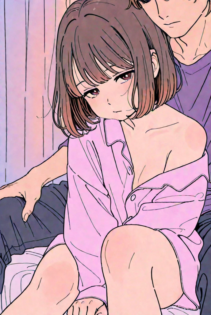 An 8-year-old girl is sitting in her room. She has blunt bangs and a bob haircut, with pale pink hair. She is wearing light blush on her cheeks and has a cute, youthful face. She is dressed in casual indoor clothes, looking relaxed. The background shows part of her room, creating a warm and cozy atmosphere.