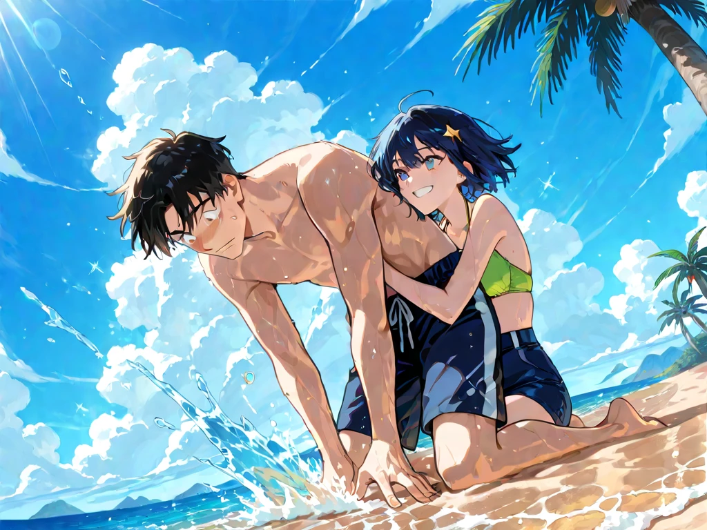 (couple), girl and boy, splashing each other in the ocean, laughing, rich in detail, competitive, happy expression, love, wide angle, 1girl, (((masterpiece, best quality, aesthetic, heavenly))), ((girl with red eyes, vibrant pink long hair)), (intimate), 1boy, ((boy with green eyes, short black curly hair))