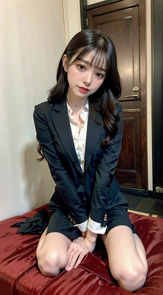 (RAW photos, highest quality), (Realistic, Photorealistic: 1.3), masterpiece, very delicate and beautiful, very elaborate, CG, Unity, 2K wallpapers, wonderful, fine, bright smile, very elaborate CG Unity 8K wallpapers, huge file size, ultra high definition, high resolution, absurdity, soft light, ((short layer hair: 1.3), black hair), One girl with beautiful details, fine fingers, very fine eyes and face, nose beautiful in detail, beautiful eyes in detail, long eyelashes, shining light on face, looking at the viewer, (with mouth slightly open: 1.2) 1 girl, cute, young, mature face, (full body: 1.3) realistic face, realistic body, slender beautiful thighs, (ulzzang-6500-v1. 1:0.8), Japan high school girl uniform, blazer outfit, high-waisted miniskirt, (sitting legs bent at the knees), (camel toe), (half), (black shiny pantyhose), (bending knees)