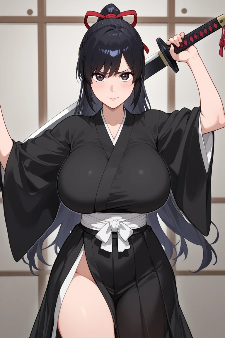 ((grey background)), solo, ((((1 girl)))), very long hair, black hair, angry, yellow eyes, (((((muscular))))), (huge tits), (thick thighs), (wide hips), pale skin, standing, slick hair, (kimono)