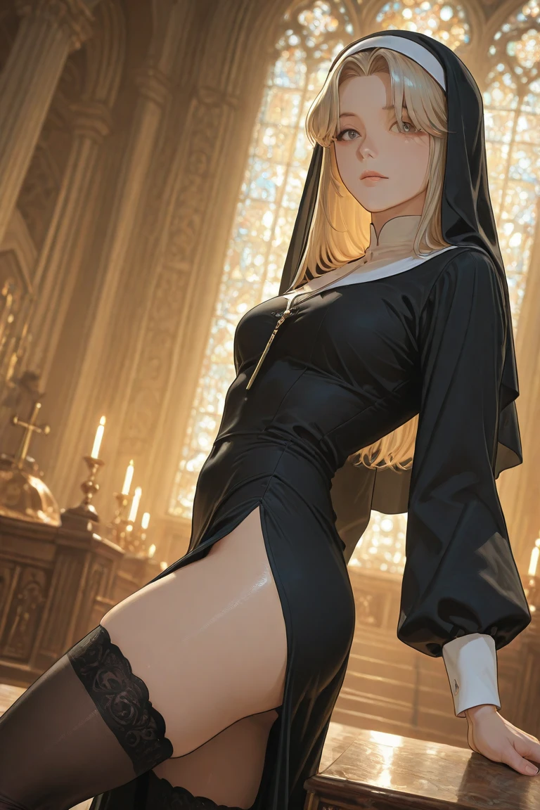 25-year-old girl, In a monk's cassock, nun, with stockings, generous cleavage, full-body-shot, thigh gap, suntanned skin. (intricate details:0.9), (HDR, hyper-detailing:1.2), (natural skin textures, hyper realisitc, soft light, Sharp), Photos in RAW and 35mm format, (Intricate Detail 1.5).