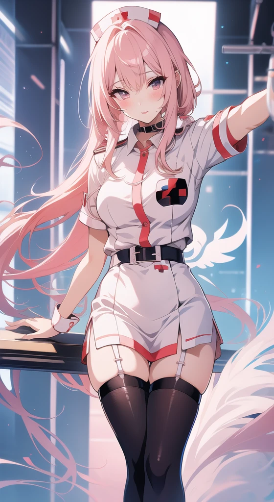 beautiful illustration、top-quality、Cute s、bedroom、pink-haired、lenght hair, red color eyes、(((pink pleated skirt))、(((white sailor suit)))、shortsleeves、a navel、bare-legged、on the beds、lovely thighs、glowing thigh, 1girl, bangs, biting, blush, covered navel, eyeshadow, hair behind head, hand on hip, smile, long hair, looking at viewer, makeup, pilot suit, red eyeshadow, science fiction, skin tight, solo, ((masterpiece)),camel toe, (breast:0.6), 8k, (thick thighs:1.3), beautiful, trap, futa, zero two, small horns