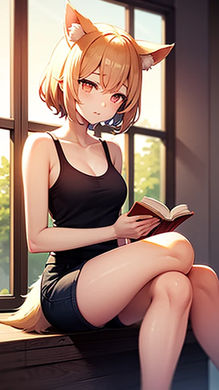 (Dusk), sunlight shining, (a lazy girl lying on chair, looking at open book, stoic expression: 1.3), solo, strapless gray bikini top, gray bikini skirt, (slight abs, slender legs, gray eyes, eyelashes, dark red hair in low twin tails, swept bangs, toned arms, medium breasts), sitting on chair under umbrella, pool side, (big scene), mid-range end, cowboy lens, (rich color) (best quality: 1.2), master work, (high precision: 1.1), 8k resolution, (rich detail), delicate, clear background, noise reduction, complex details, super detailed, very detailed, complex, small details, CG, fresh
