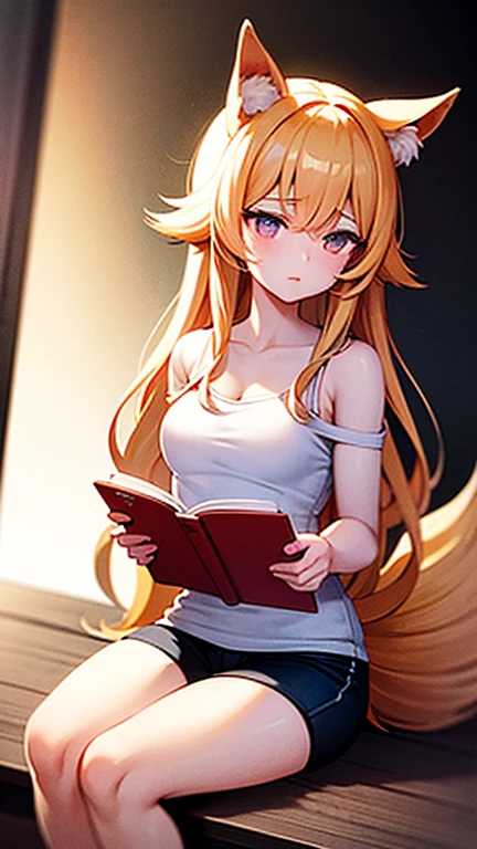 18 year old girl, long blonde hair, big sad eyes, sad smile, small breasts, choker collar, wrist cuffs, nude, naked, pubic hair, library, books, evening, nighttime, dramatic lighting, cinematic lighting, masterpiece, best quality