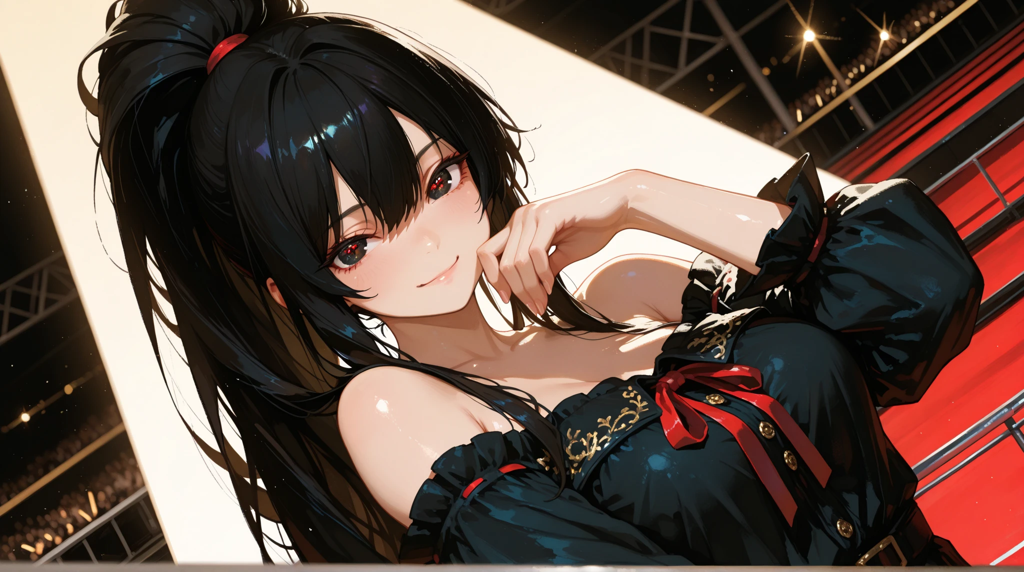 (masterpiece,highest quality,超A high resolution),japanese woman, (((Very beautiful 25 year old girl))), pretty girl、look at the photographer、 ((beautiful low ponytail)), super cute face, glossy lips, double eyelids in both eyes,natural smile、 natural makeup, long eyelashes, Shiny and smooth hair、center image, perfect limbs, perfect anatomy,(((dress))、party venue,