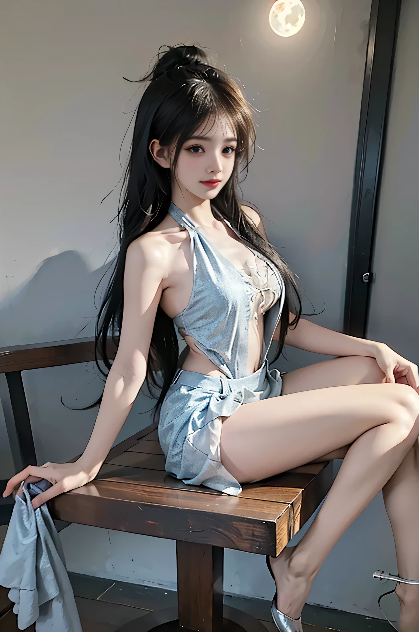 guqinghan ,,, ((full body:1.4)), ((masterpiece, best quality, ultra highres, realistic:1.4)), (Random shooting Angle), mix4, (I-type Valley), (At night, moonlight:1.3), beautiful detailed face, (photorealistic:1.37), (sexy long legs:1.2), slender figure, ((Sit on the guardrail)), ((Sitting on the wooden guardrail in the tall attic)), (Full breasts, large breasts, visible cleavage, and very short skirts), one leg extended, the other leg naturally bent at the knee, accurate and beautiful leg shape, exquisite face, one hand gently lifting the skirt, long hair blowing in the wind, soft shadows, depth of field, (detailed background:1.1), (ambient occlusion:0.3), (Many scattered petals, petals dancing in the air)