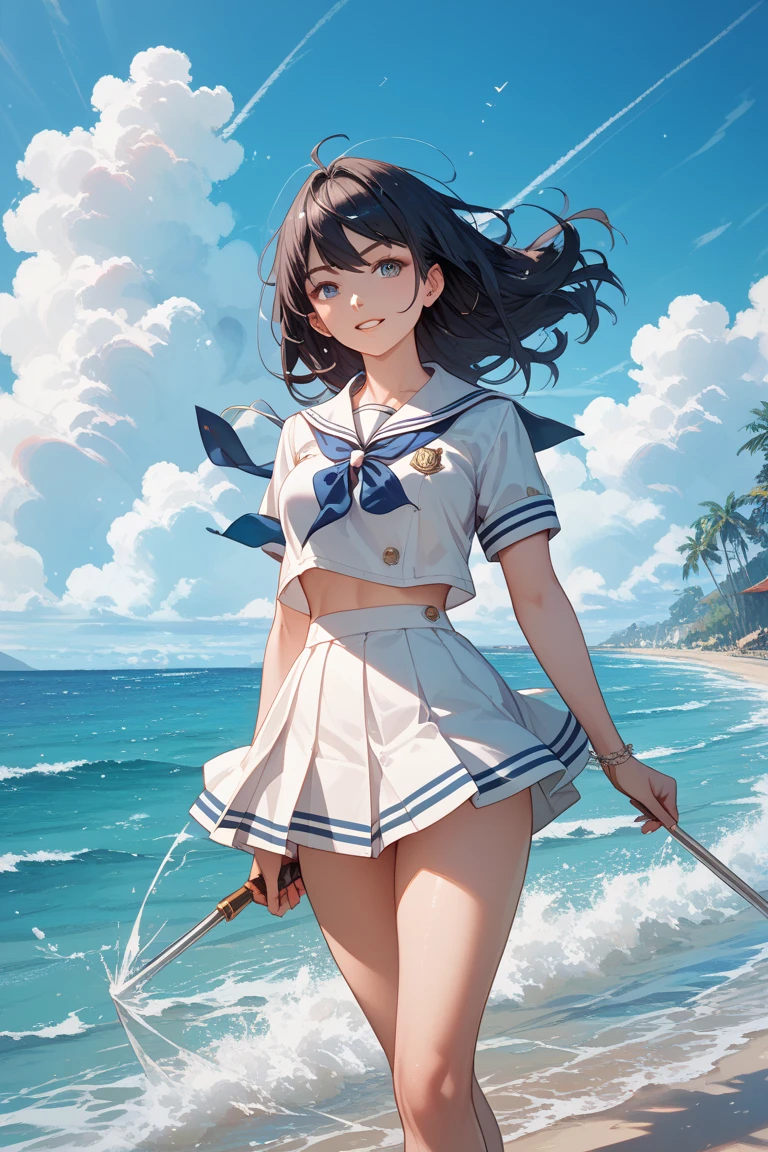 ung_teee girls、Loli、brhair、medium_bob_hair、blue_midriff_baring_sailor_uniform、mini_skirt、short_sleeve、thickthighs、big_tits,closed_eyes, Sorrisos、open_mouth、dynamic_pose_standing ,harbor_background、spread_legs、happiness、NSFW、short_gloves, wet,transparent,covered_nipples, covered_crotch, under_tits, sweat, bare_thighs, (groin:1.5), tan,