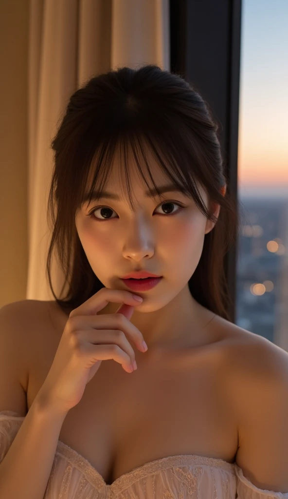 A selfie of a fair-skinned Japanese woman bending over from the neck down。Smiling。Wearing a tank top。The chest is very sexy。Soft Light。Living room at night。Selfie style。